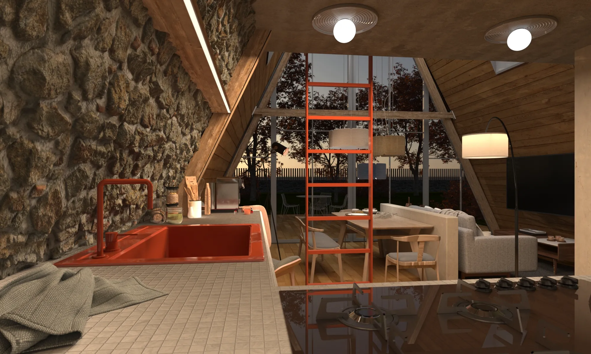 Zona de living cu ferestre panoramice